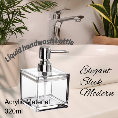 Picture of 320ml Square Transparent Unbreakable Scratch-Proof Acrylic Material with Silver Pump Lotion Shampoo Shower Gel Hand Wash Bottle Press-Type Reusable Hand Soap Dispenser for Home Bathroom Hotel Elegant Design 