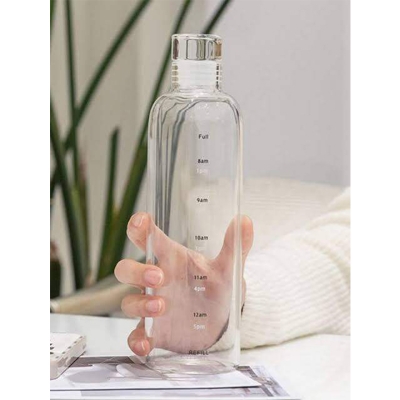 Picture of Clear Glass Water Bottles With Time Marker And Airtight Lids, Reusable Glass Drinking Bottles, Drink Water Bottle 500ml，Suitable For Drinks, Juices, Sodas, Coke, As Gifts Etc.(500ml) 