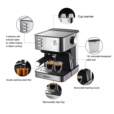 Picture of Espresso Coffee Maker Sonifer SF-3535 Household 15 bar High Pressure Pump Cappuccino Milk Frother Espresso Coffee Maker 1.6 liter capacity Silver