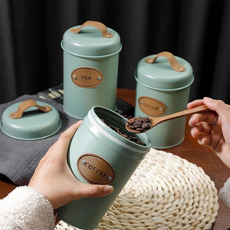 Picture of Retro Design Aesthetic Gift Set Soft Opening Lid Durable Round Metal Canister Set of 3 pieces for Kitchen Counter for Coffee Tea Sugar Storage Mint Green Powder Coated Color Smooth Body Useful for Dry Food Storage With Leather Handle and Label Light green