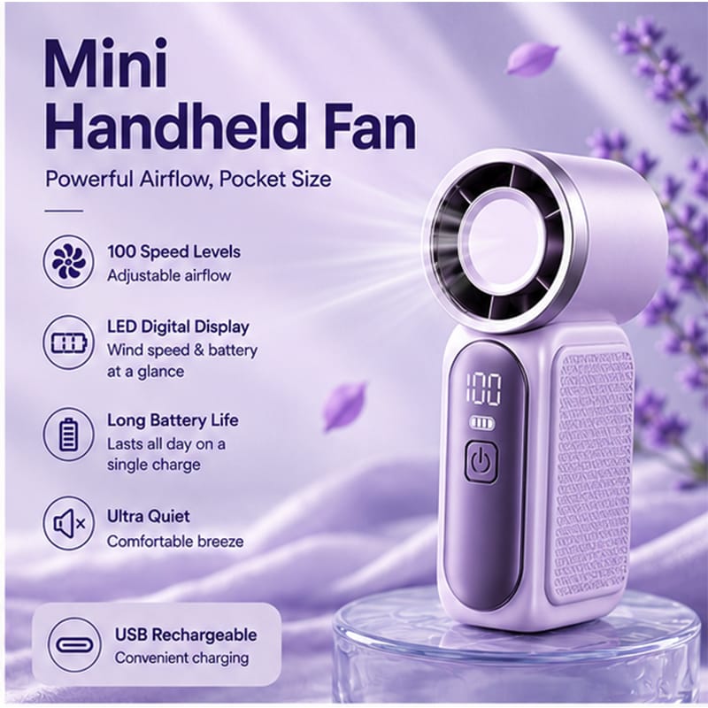 Picture of Pocket Size Mini Turbo Five-Speed 1200mAh Battery-Powered Outdoor Handheld Fan with Digital Display Portable Pocket Cooling Fan 