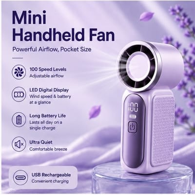 Picture of Pocket Size Mini Turbo Five-Speed 1200mAh Battery-Powered Outdoor Handheld Fan with Digital Display Portable Pocket Cooling Fan 