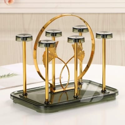 Picture of Kitchen Dining Table Living Room Office Luxury Golden Modern Design Glass Drying Rack Stand with Plastic Base Cup Drainer Holder Tree for Coffee Mug Drinking Glasses for Countertop Storage Gold