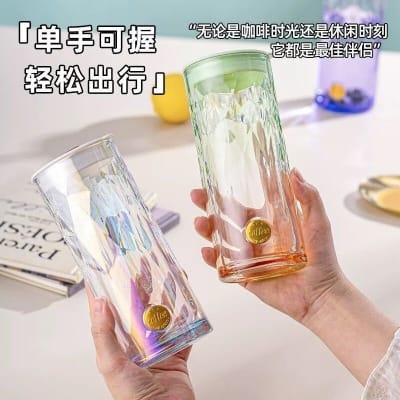 Picture of High Quality 400ML Colorful Gradient Glass Mug Cups Tea/coffee/juice Cup for Hot and Cold Drinks Juice Milk Coffee Cup Tumbler Cup with Lid and Straw 