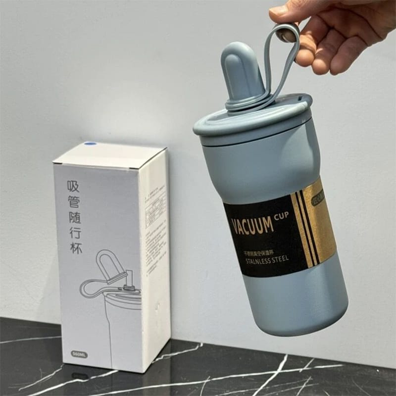 Picture of Stainless Steel SS316 Exquisite Vacuum Insulated Cup Portable Water Cup 560ml Coffee Mug Cup Double-drink Vacuum Thermos Tumbler with Straw Cap and Handle for Outdoor Hiking Couple and Daily Use 