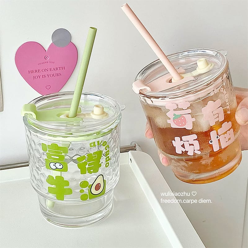 Picture of New Colorful 350ml Glass Juice Beverage Cup High Appearance Level Water With Cute Flexible Straw Creative Colorful Cup with High Aesthetic Value Office Straw Cup Fashionable New Colorful Glass Straw Cup Wholesale Cute Ins Girls Heat-Resistant Travel 