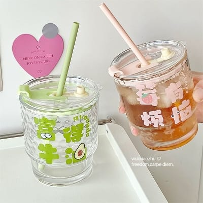 Picture of New Colorful 350ml Glass Juice Beverage Cup High Appearance Level Water With Cute Flexible Straw Creative Colorful Cup with High Aesthetic Value Office Straw Cup Fashionable New Colorful Glass Straw Cup Wholesale Cute Ins Girls Heat-Resistant Travel 