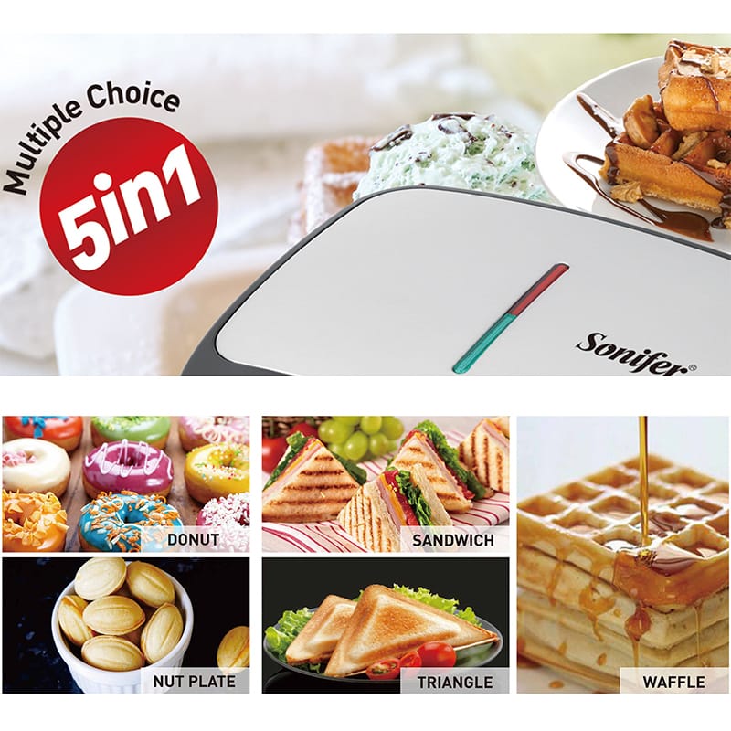 Picture of Sonifer SF-6154 Hot Selling Non Stick Removable Plates Electric 5 in 1 Multifunction Mini Sandwich Donut Maker Black
