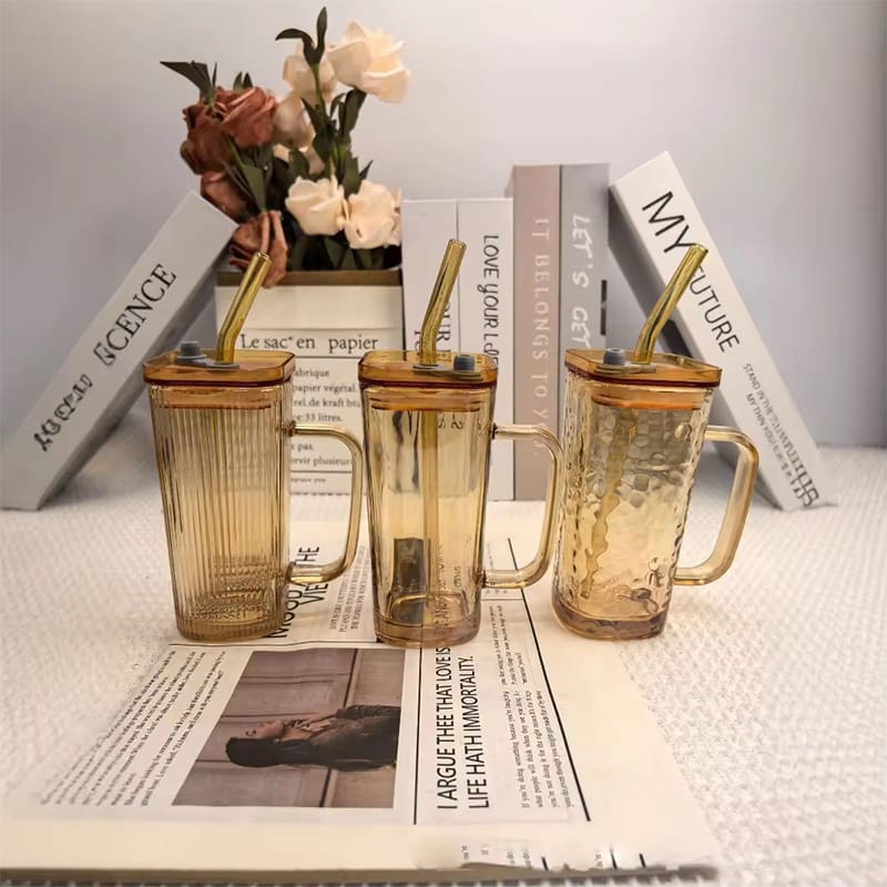 Picture of Transparent With Lid and Straw Milk Coffee Mug Tea Cup Mug Stripe Glass Cup With Handle 230ml Bronze
