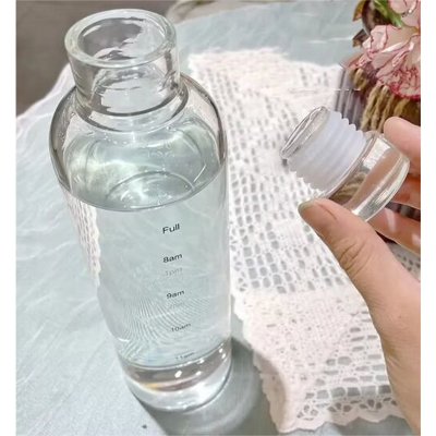 Picture of High Quality Glass Water Bottle with Time Marker, Reusable Glass Beverage Bottle Milk Bottle Juice Bottle, Glass Drinking Bottle with Protection Sleeve 