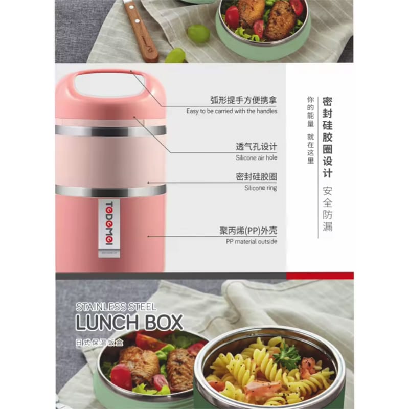 Picture of Tedemei Brand 2 Layers 1.13 Liters Stainless Steel Lunch Box with additional layer at the top 