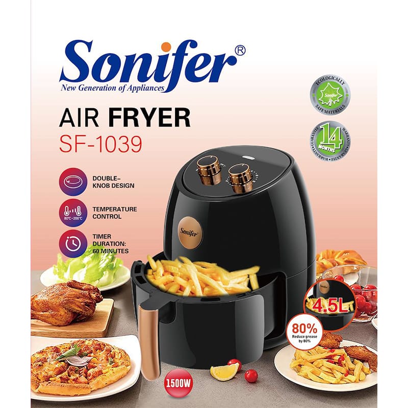 Picture of Sonifer SF-1039 household1500Watts Electric Double Knob 4.5 Litres Air Fryer 80% less Oil Consumption Fry, Grill, Roast, Bake, Reheat Easy to Clean Frying Basket Black Black
