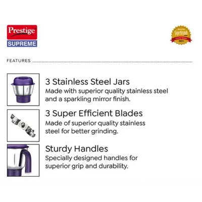 Picture of Prestige Supreme Mixer Grinder 750 watts 3 jars (1500ml, 1200ml, 450ml) Violet Color