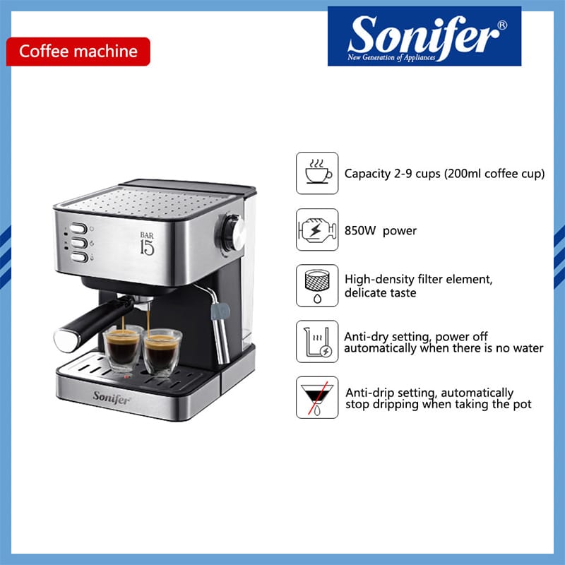 Picture of Espresso Coffee Maker Sonifer SF-3535 Household 15 bar High Pressure Pump Cappuccino Milk Frother Espresso Coffee Maker 1.6 liter capacity Silver