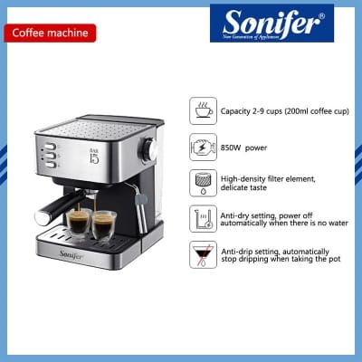 Picture of Espresso Coffee Maker Sonifer SF-3535 Household 15 bar High Pressure Pump Cappuccino Milk Frother Espresso Coffee Maker 1.6 liter capacity Silver