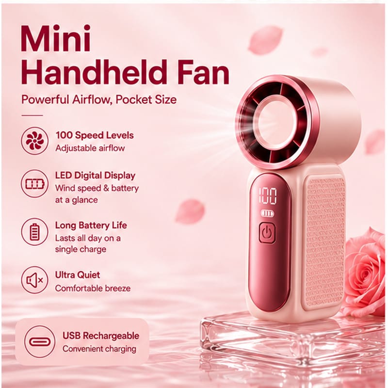 Picture of Pocket Size Mini Turbo Five-Speed 1200mAh Battery-Powered Outdoor Handheld Fan with Digital Display Portable Pocket Cooling Fan 