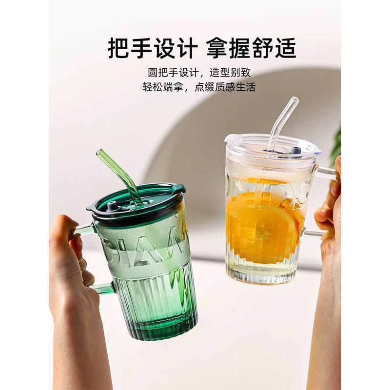 Picture of Glass Drinking Mug 435ml Retro Fashion With Straw High Quality Glassware For Personal Office Students Gifts 