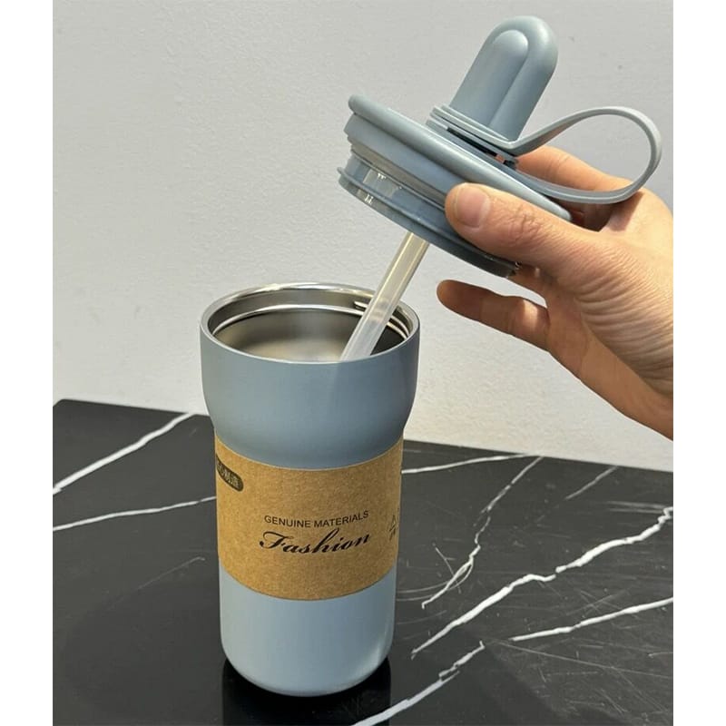 Picture of Stainless Steel SS316 Exquisite Vacuum Insulated Cup Portable Water Cup 560ml Coffee Mug Cup Double-drink Vacuum Thermos Tumbler with Straw Cap and Handle for Outdoor Hiking Couple and Daily Use 