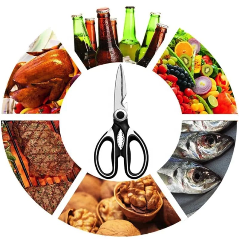 Picture of 2024 Hot Selling Kitchen Accessories Stainless Steel Scissor Multifunctional Plastic Handle Heavy Duty Kitchen Scissors with protect cover Black