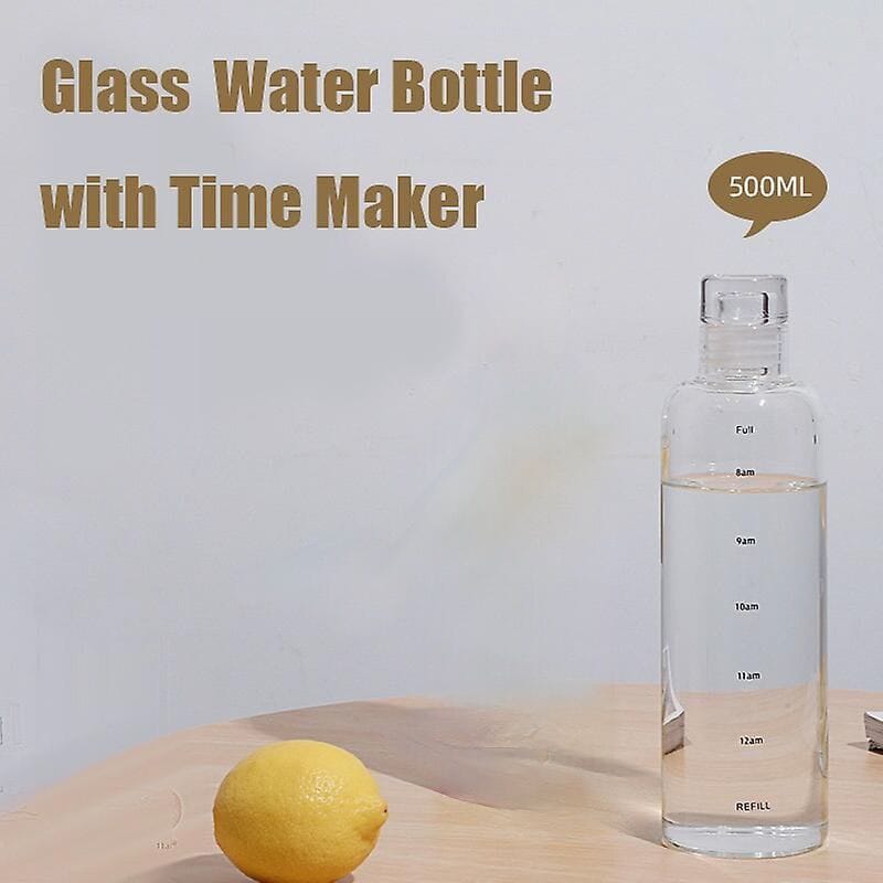 Picture of Clear Glass Water Bottles With Time Marker And Airtight Lids, Reusable Glass Drinking Bottles, Drink Water Bottle 500ml，Suitable For Drinks, Juices, Sodas, Coke, As Gifts Etc.(500ml) 