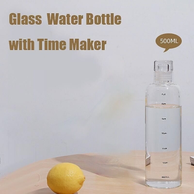 Picture of Clear Glass Water Bottles With Time Marker And Airtight Lids, Reusable Glass Drinking Bottles, Drink Water Bottle 500ml，Suitable For Drinks, Juices, Sodas, Coke, As Gifts Etc.(500ml) 