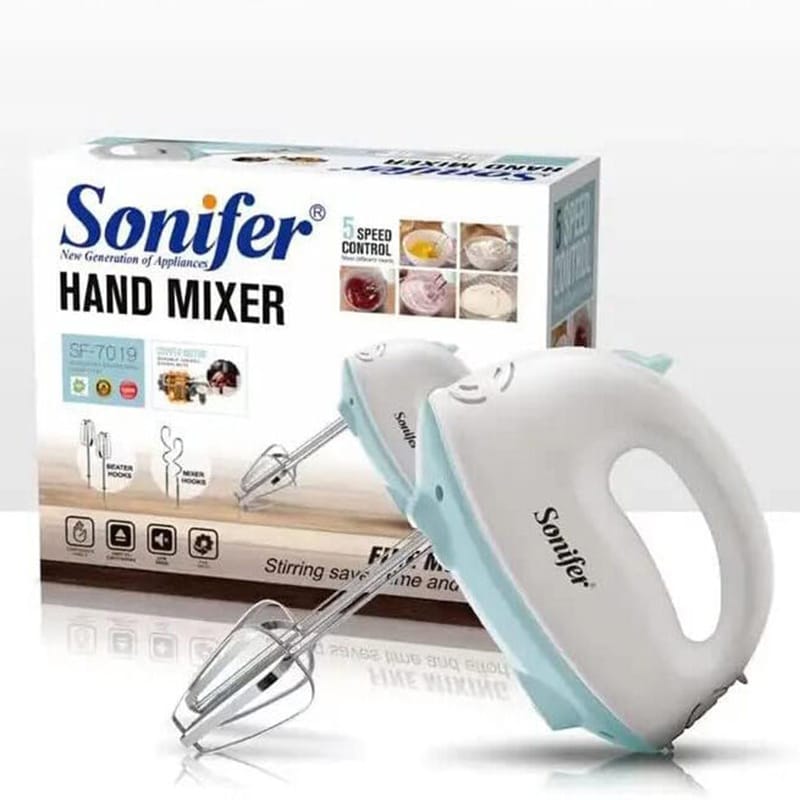 Picture of SF-7019 - Low Noise - Easy to Eject - Beater & Mixer Hooks - Copper Motor - Electric Egg Beater / Hand Blender / Dough Mixer 100 watt White