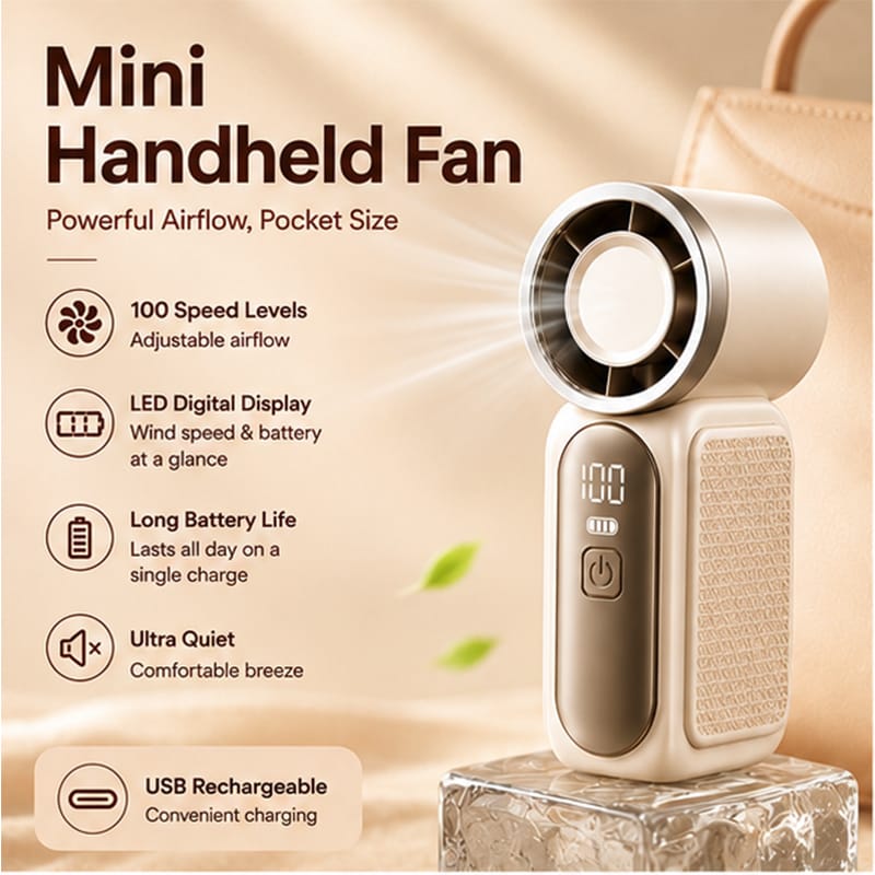 Picture of Pocket Size Mini Turbo Five-Speed 1200mAh Battery-Powered Outdoor Handheld Fan with Digital Display Portable Pocket Cooling Fan 
