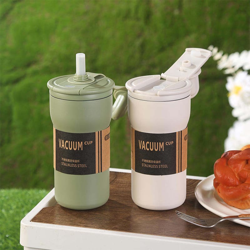 Picture of Stainless Steel SS316 Exquisite Vacuum Insulated Cup Portable Water Cup 560ml Coffee Mug Cup Double-drink Vacuum Thermos Tumbler with Straw Cap and Handle for Outdoor Hiking Couple and Daily Use 