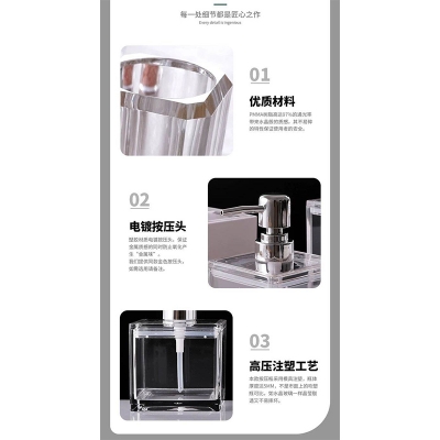 Picture of 320ml Square Transparent Unbreakable Scratch-Proof Acrylic Material with Silver Pump Lotion Shampoo Shower Gel Hand Wash Bottle Press-Type Reusable Hand Soap Dispenser for Home Bathroom Hotel Elegant Design 
