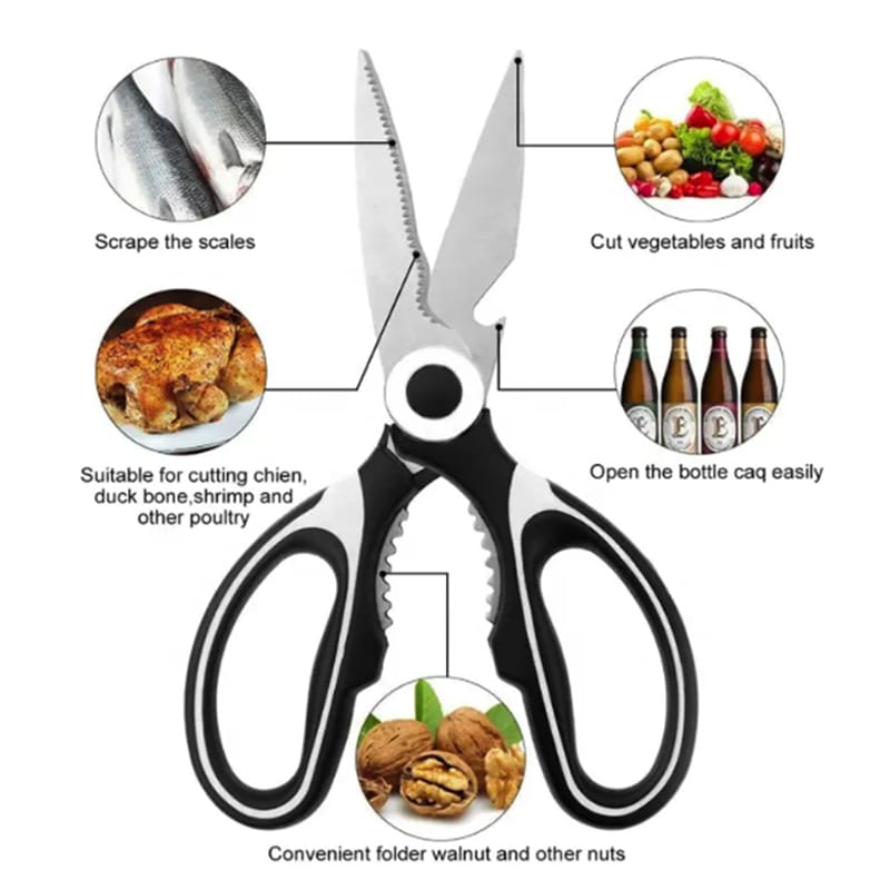 Picture of 2024 Hot Selling Kitchen Accessories Stainless Steel Scissor Multifunctional Plastic Handle Heavy Duty Kitchen Scissors with protect cover Black