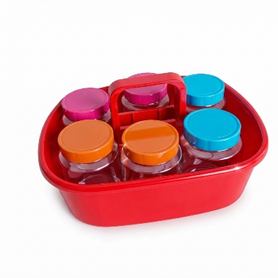 Picture of RFL Moving Basket with 6 Pcs Spice Jar – Multipurpose Kitchen Storage Set | Durable Plastic Organizer for Spices & Seasoning | Space Saving & Easy to Use
