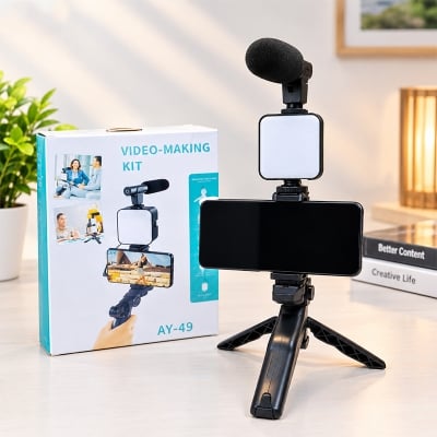 Picture of Video making kit set AY-49 Phone Vlog Tripod Kit with Remote Control, Microphone, and LED Light