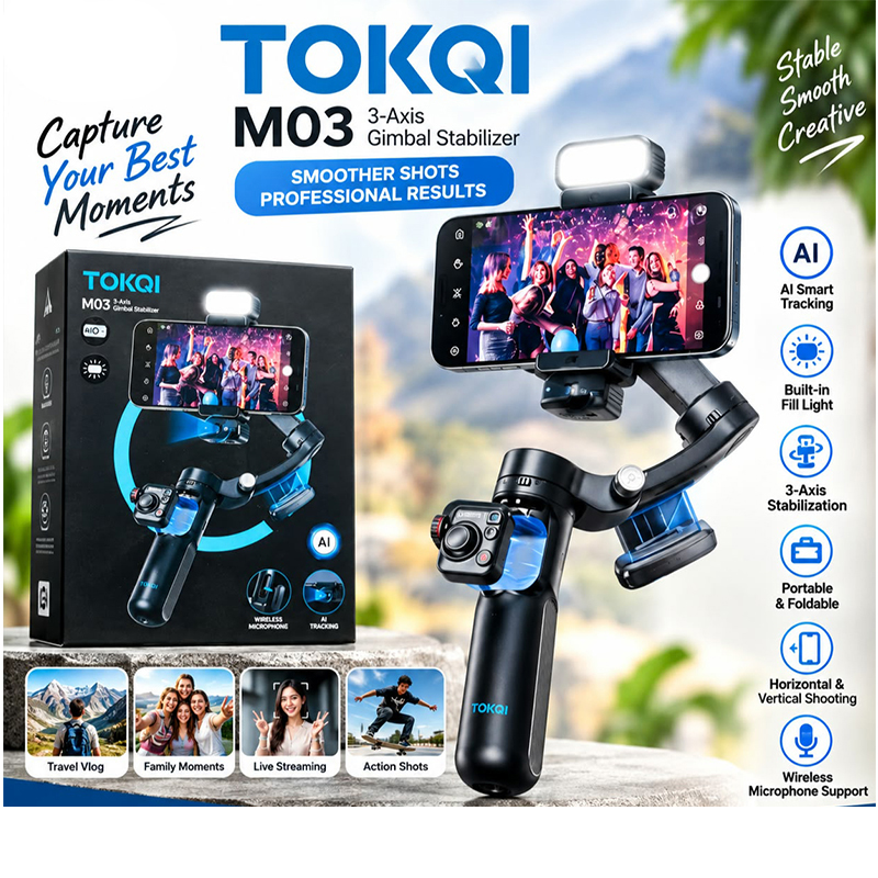Picture of TOKQI M03 Handheld Gimbal 3-Axis AI Tracking Stabilizer with Wireless Microphone for Smartphones Shooting Vlog, with Fill Light