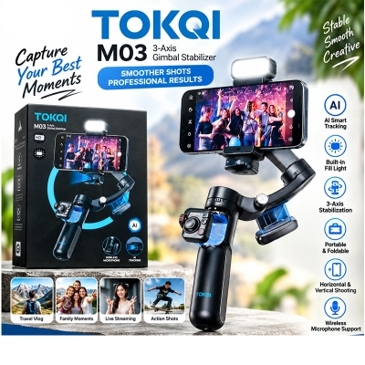 Picture of TOKQI M03 Handheld Gimbal 3-Axis AI Tracking Stabilizer with Wireless Microphone for Smartphones Shooting Vlog, with Fill Light