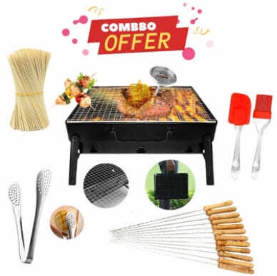 Picture of Combo 5-In-1 Offer BBQ Machine+12 Pieces BBQ Stick+2 Pieces Silicone Oil Brush+Steel Food Clip+Bamboo Shashlik Stick 8 inch 1 Pack-Black