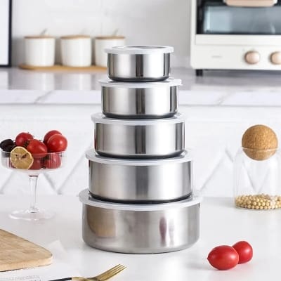 Picture of Stainless Steel Food Box 5 Pieces With Food Grade Plastic Cover - Tiffin Box For Office-Silver
