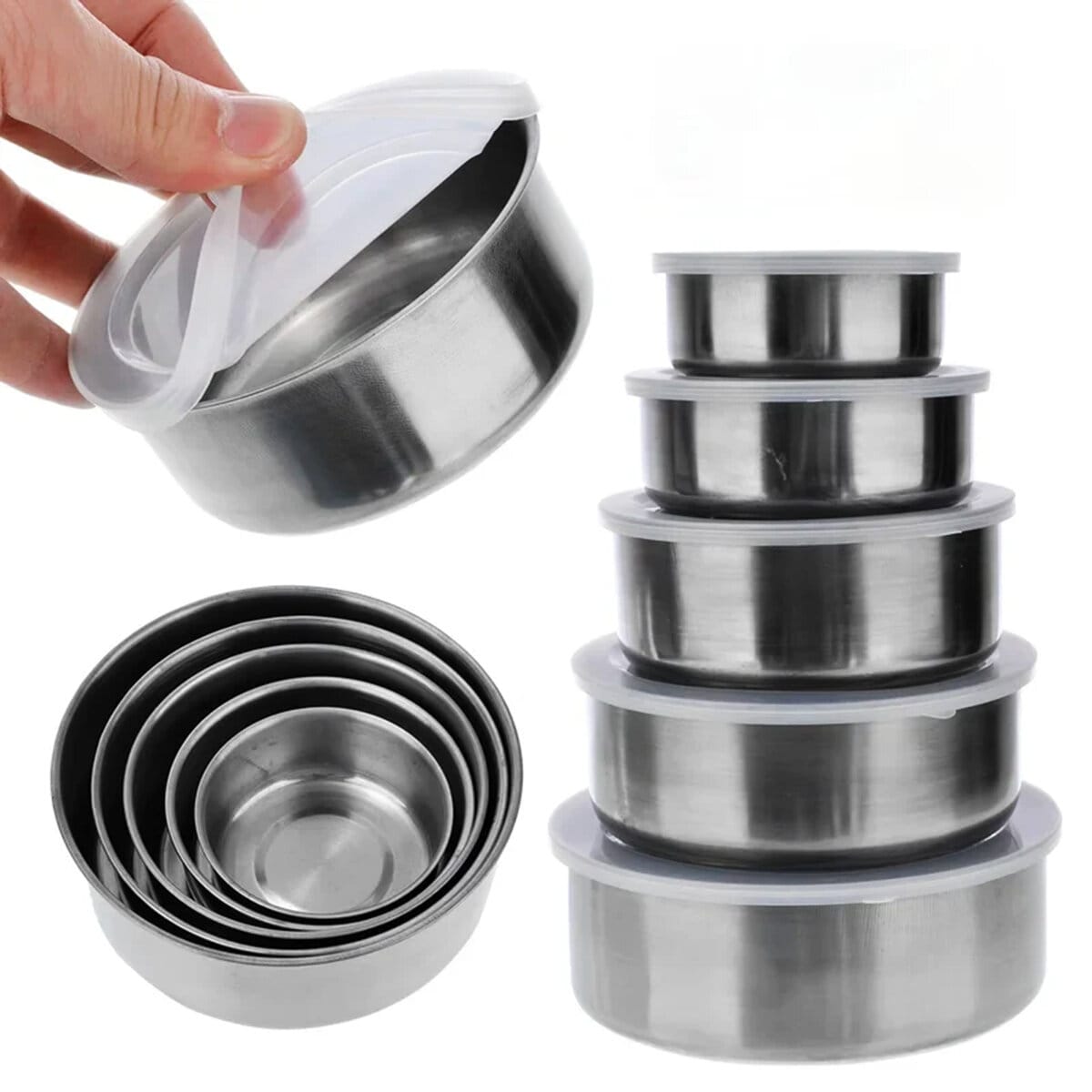 Picture of Stainless Steel Food Box 5 Pieces With Food Grade Plastic Cover - Tiffin Box For Office-Silver