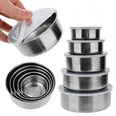 Picture of Stainless Steel Food Box 5 Pieces With Food Grade Plastic Cover - Tiffin Box For Office-Silver
