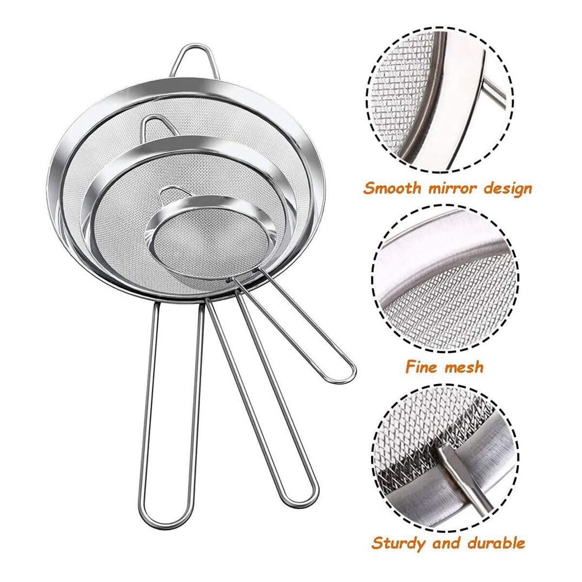 Picture of Chakni/Tea Strainer/Fine Mesh Stainless Steel Strainers -3 Pcs set Small, medium, big-Silver