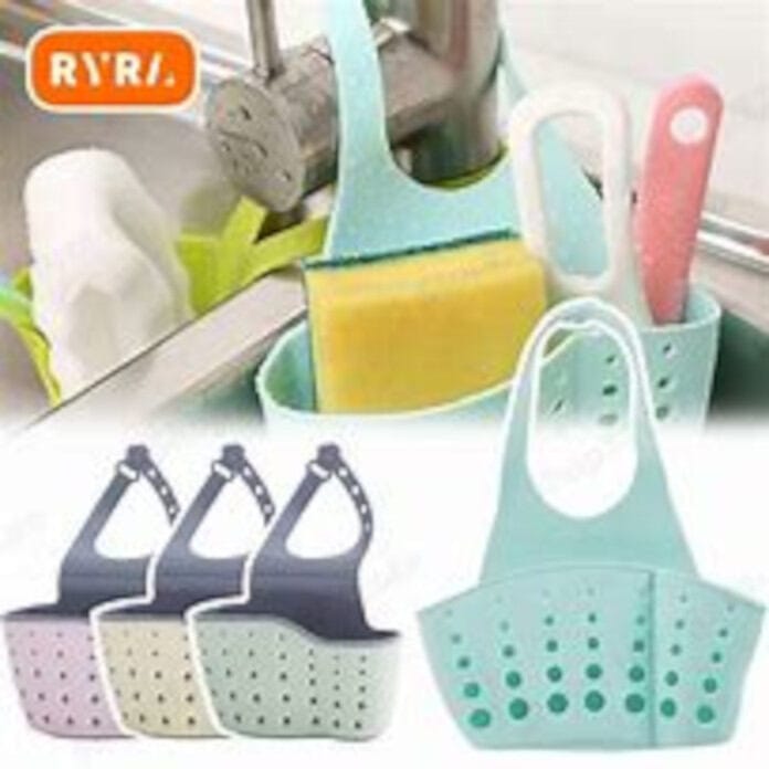 Picture of Kitchen Sink Drain Basket Faucet Hanging Bag Soap Sponge Holder Adjustable Silicone Drain Basket Kitchen Storage Accessories-Multicolor