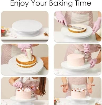 Picture of Baking Combo Set-CAke Turn Table 28 cm + 8 pcs Nozzle with Paiping Bag+ 3Pcs baking k.nife with handle + 3Pcs scraper set-Multicolor