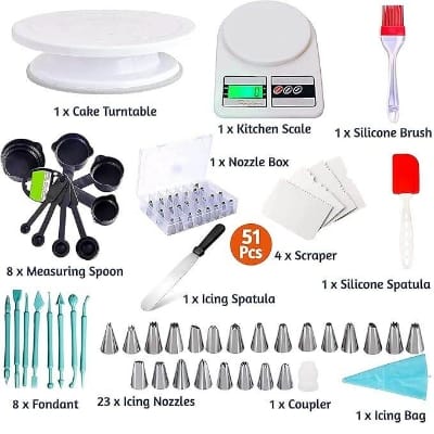Picture of Baking Combo Set-CAke Turn Table 28 cm + 8 pcs Nozzle with Paiping Bag+ 3Pcs baking k.nife with handle + 3Pcs scraper set-Multicolor