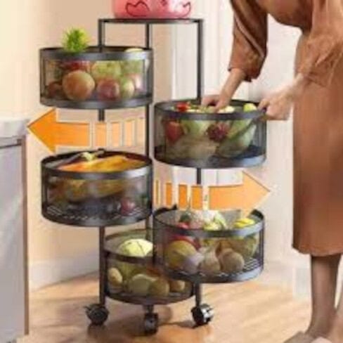 Picture of 5 Layers Kitchen Rotating Shelf 360 Degree Baskets Fruit Vegetable Storage Rack Floor Round Shelf With Wheels - Organize Your Kitchen Efficiently-Multicolor