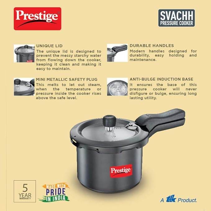 Picture of Prestige Svachh 3 Litre Outer Lid Pressure Cooker With Hard Anodized Aluminium Body (Black), 3 Liter - MPD20223-Black