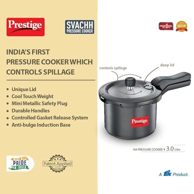 Picture of Prestige Svachh 3 Litre Outer Lid Pressure Cooker With Hard Anodized Aluminium Body (Black), 3 Liter - MPD20223-Black