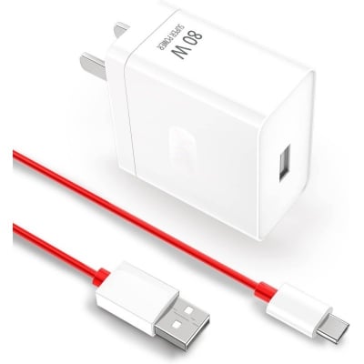 Picture of 80W SUPERVOOC Charger For OnePlus 10R Original 80W Super VOOC Charger | 80W ALL-IN-ONE CHARGER | Original 80W Dash Charger | Original 80W WRAP Charger With 1 Meter 65W USB Type-C Fast Data Charging Cable - J1E2, White, 80 W (80WATT) (White)