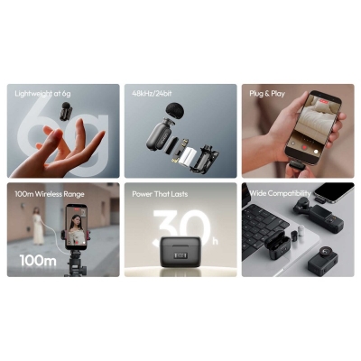 Picture of ULANZI A200 Mini Mic Wireless Lavalier Lapel Microphone for iPhone 17/16/15 Type-C, 48kHz/24-bit, Plug & Play, Smart Noise Cancelling, Digital Display, 30H Battery for Video Recording (Black)