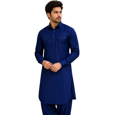 Picture of Blue Color Panjabi for Men Pakistani Style | Premium Cotton Traditional Kurta for Eid, Wedding & Festive Wear | Elegant Embroidered Neck Design | Comfortable Regular Fit Ethnic Outfit | Trendy Desi Panjabi Collection for Party & Cultural Events
