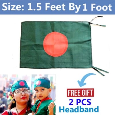 Picture of 1.5ft x 1ft National Flag Bangladesh Factory Direct Supply Set C Chinese Cloth Potaka Best for Any Program Patriotism Respect Victory/Independence Day Craft Stationery Product Red Green Color-Ideal Category Combo Offer (2 PCS Headband Free Gift)