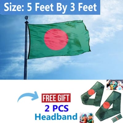 Picture of Premium (5 By 3) Feet National Flag Bangladesh Direct Factory Supply Set D China Cloth Potaka for Any Program Patriotism Show Respect Victory/Independence Day Craft Stationery Red Green Color-Ideal Category Combo Offer [Free Gift 2 PCS Headband]